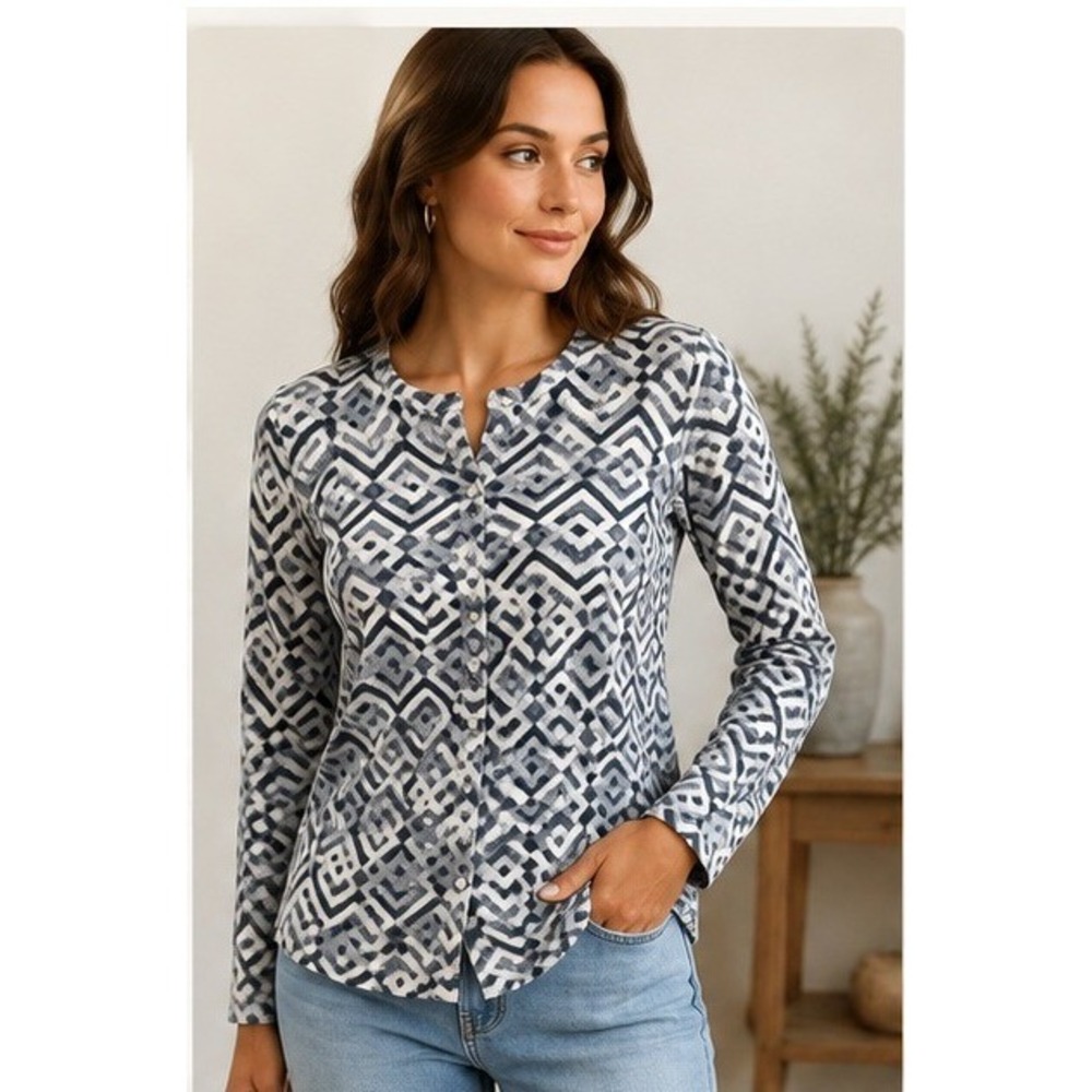 Pendleton Cardigan Women SP Blue White Geometric Greek Key Button Front Sweater